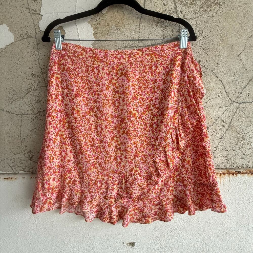 Mango Floral Wrap Mini Skirt Pink Orange Ditsy Ruffle Hem Viscose Garden Party‎